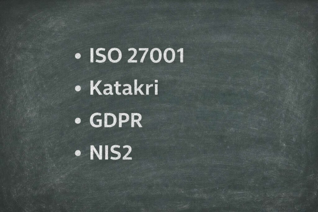 Kuvassa eri tietoturvastandeja ja tietoturvasäädöksiä joilla parannetaan yrityksen tietoturvaa.