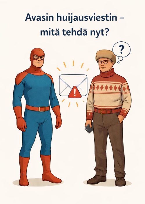 kuvassa kaksi henkilöä jotka miettivät mitä tapahtuu kun avasin huijausviestin